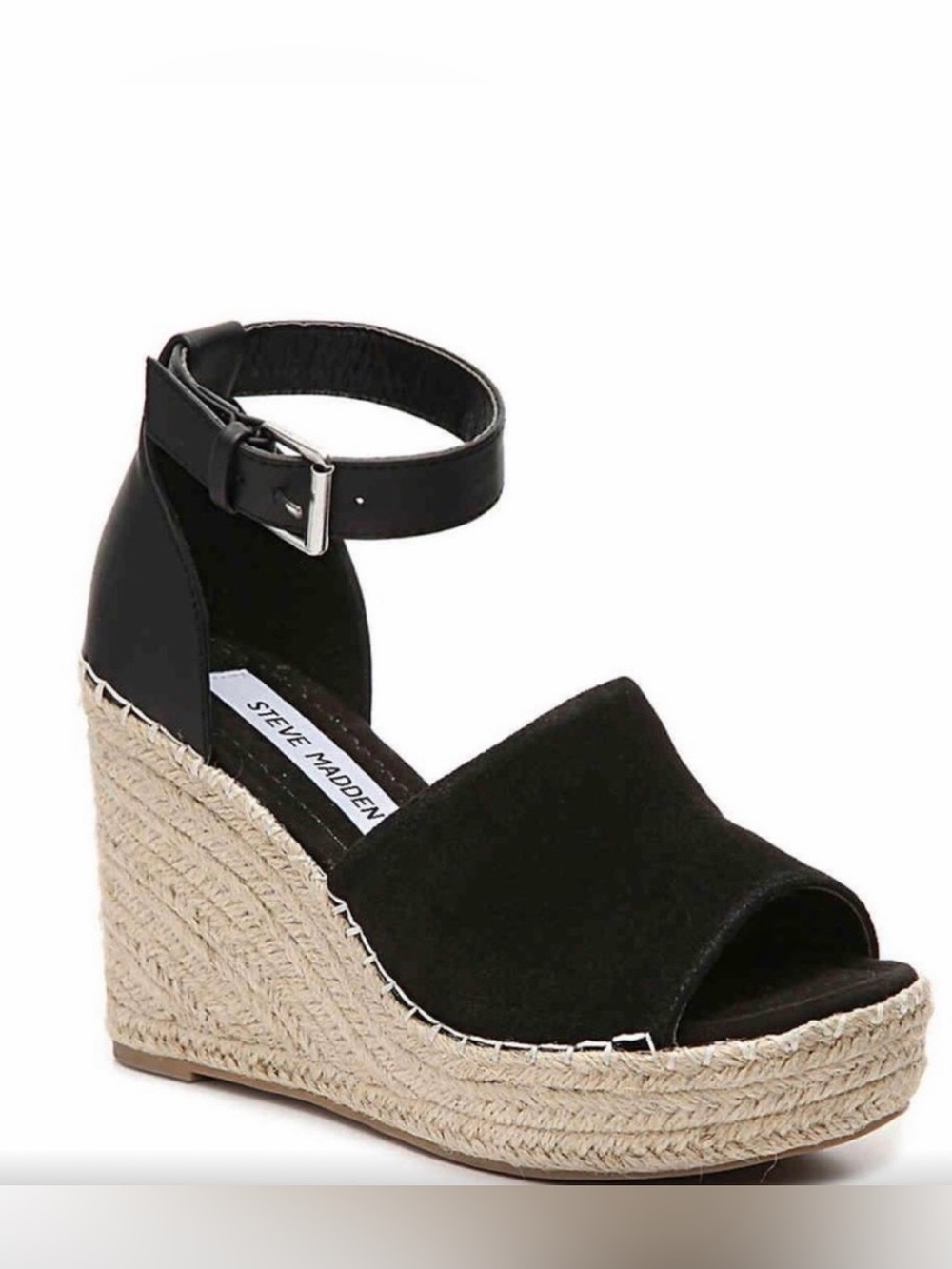 Steve Madden Jaylen Black Suede Espadrille Ankle-Strap Wedges 8.5